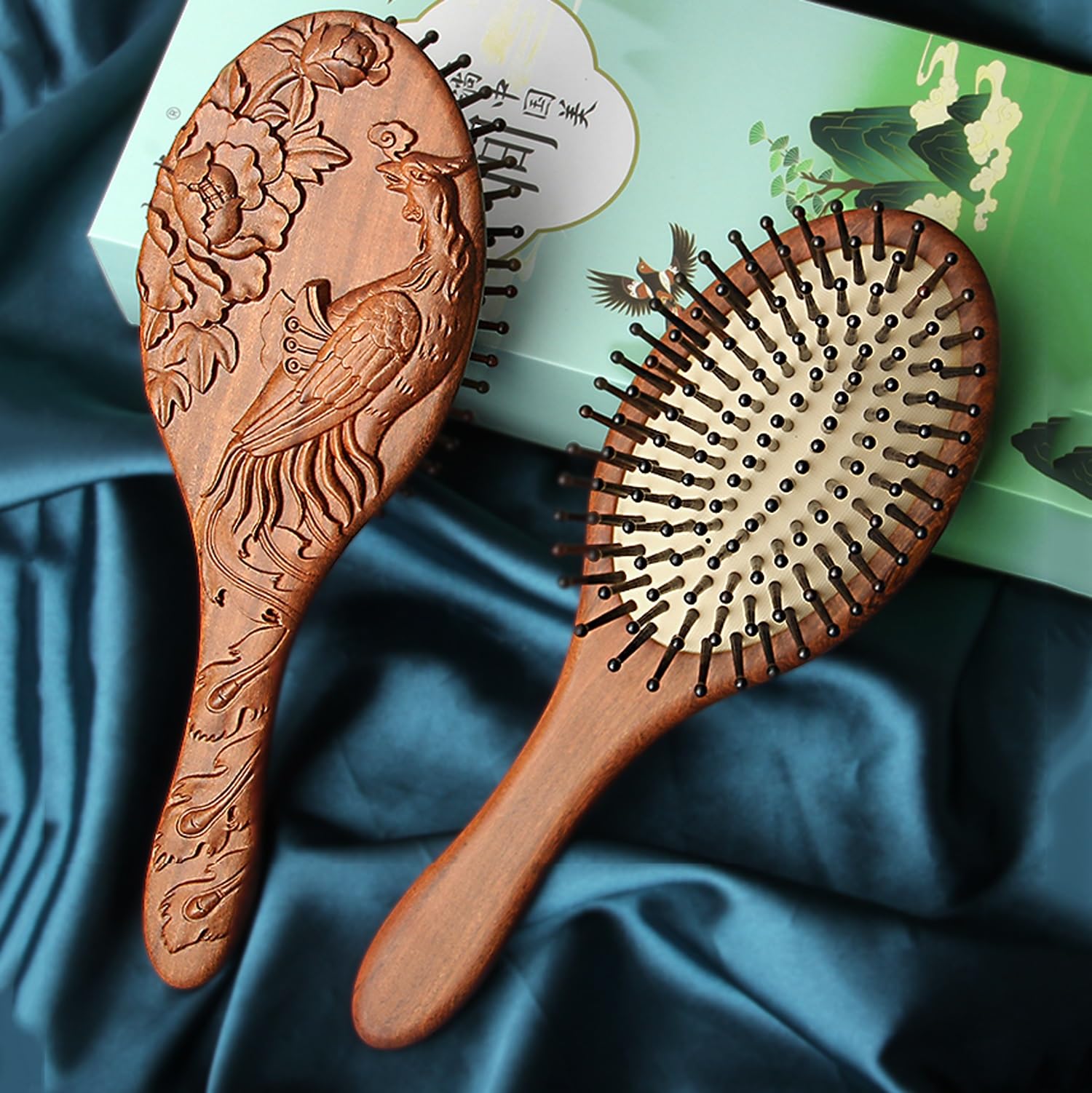 Cepillo para el Cabello, Peine de Masaje de Madera Phoenix Peony, Cepillo para el Cabello antiestático desenredante, cepillos con cojín de Aire, reducción de H
