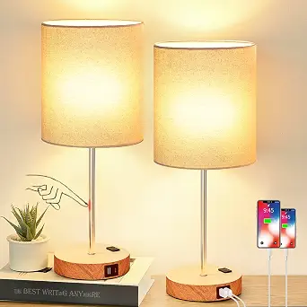 Set of 2 Touch Wood Table Lamps, Bedroom Lamps with 2 USB AC Outlet, 3-Way Dimmable Bedside Nightstand Lamps for Bedroom Living Room Nursery, 800 Lumens 2700K Bulbs Included