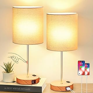 Lynnoland Touch Wood Table Lamps Set of 2, Bedroom Lamps with 2 USB AC Outlet, 3-Way Dimmable Bedside Nightstand Lamps for Bedroom Living Room Nursery, 800 Lumens 2700K Bulbs Included
