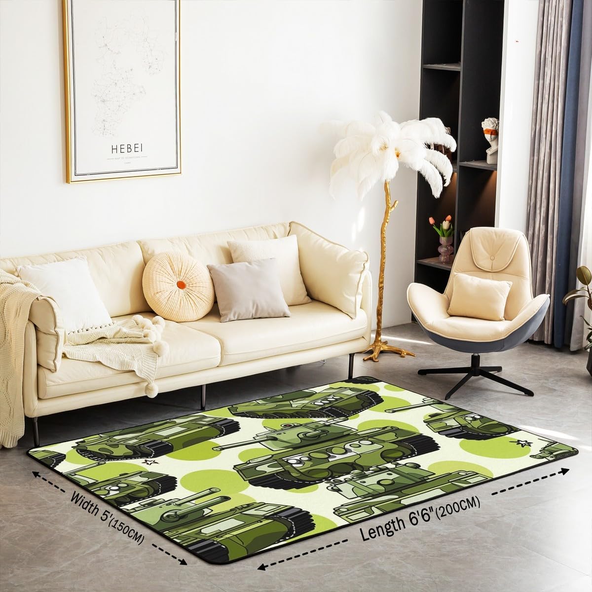 Castle Fairy Cartoon Tank Area Rug 3x5 Green Army Camo Cars Decorative Rug for Kids Teens Adults American Tank Soldier Rugs for Living Room Bedroom Transport Equipment Decorative Rug