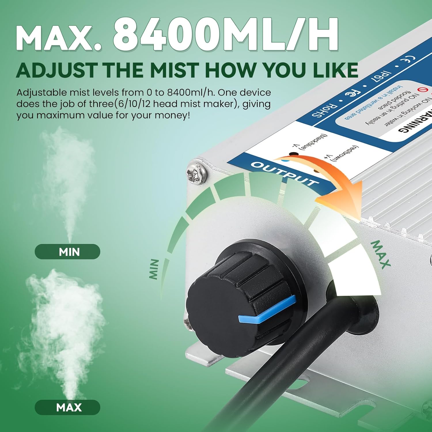 Mxmoonant Adjustable 12 Head Ultrasonic Mist Maker, 0-8400ml/h High Output Pond Fogger for Greenhouse, Mushroom Grow Tent & Halloween Decor, 400W Power Supply, with Float & 10 Spare Discs 110V