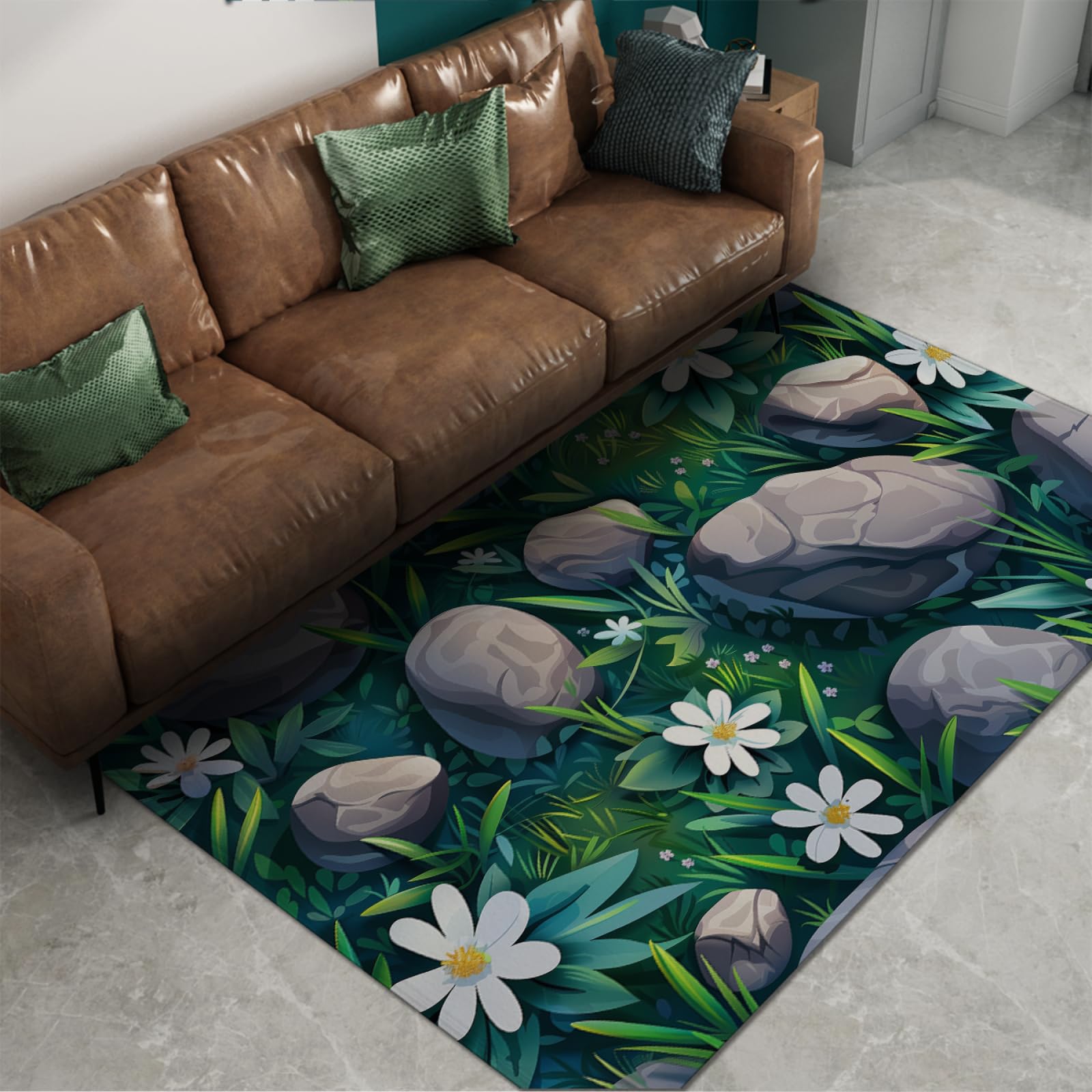 Tapis vert 120x170cm lavable et antidérapant imprimé fleurs blanches botanique