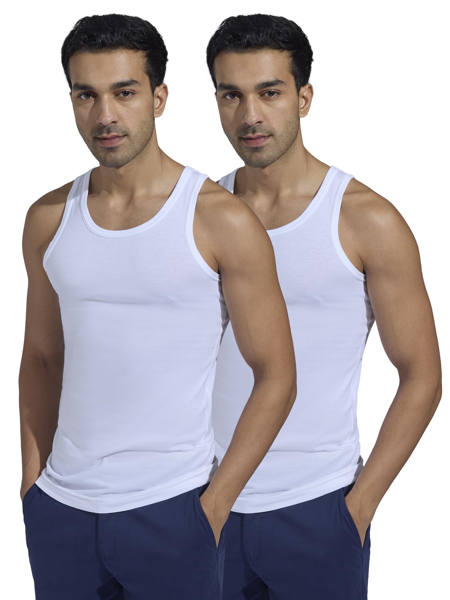 Men's Pace Super Combed Cotton Regular Fit Solid Round Neck White Vest (Pack of 2)