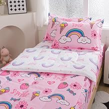 lishjekee 4 Pieces Kids Zipper Bedding Twin Pink Rainbow Strawberry Comforter Set for Girls Sweet Kawaii Bedding Set Zip Up Bed in A Bag Floral Bed Set 1Comforter 1Fitted Sheet 2 Pillowcases