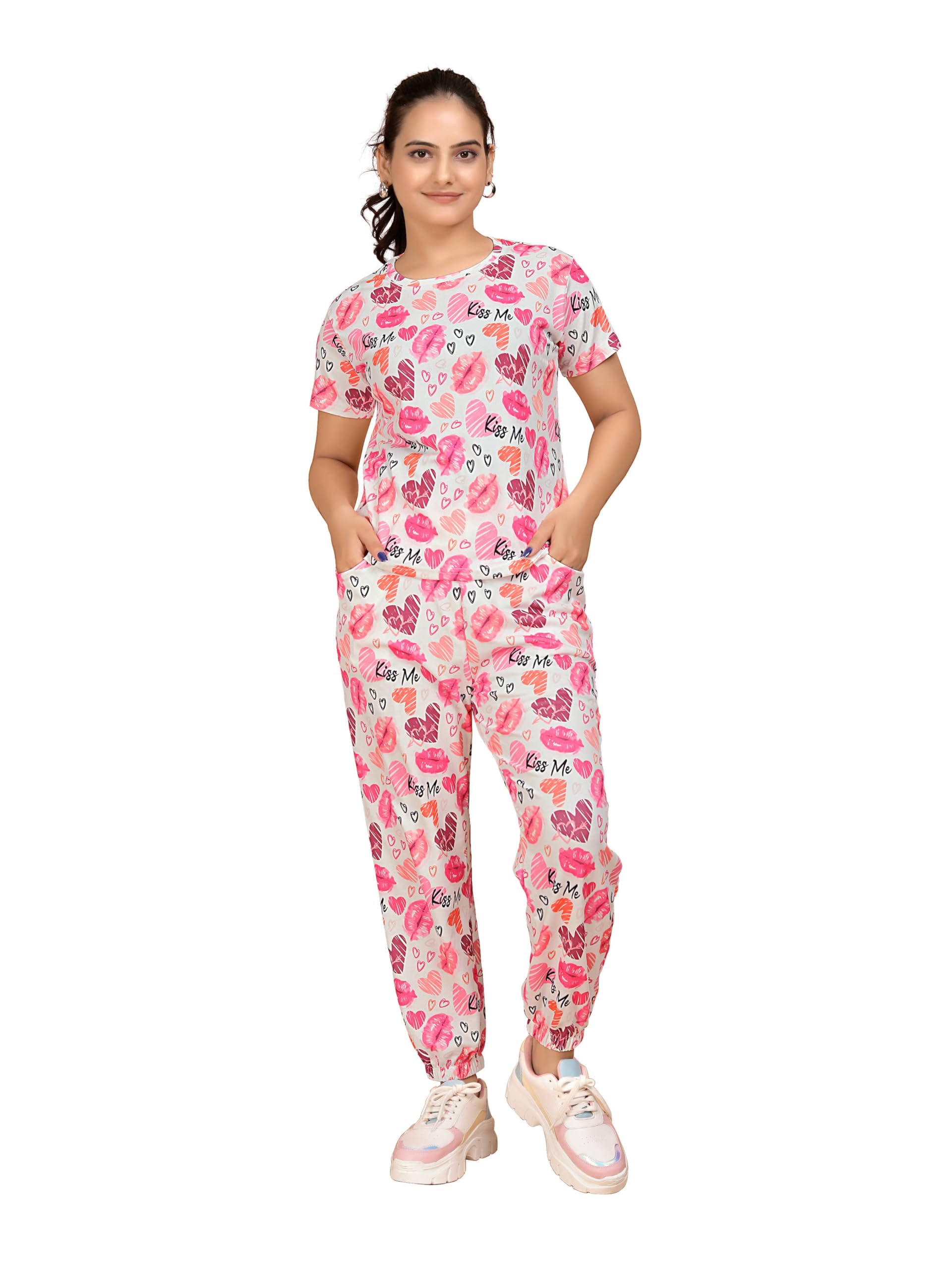 Women's Printed Polyester NightSuit Set, Stretchable Night Suit and Gym Outfit with Side Pockets-image-19