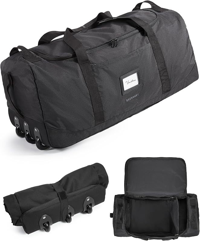 Geantă de voiaj pliabilă bagsmart cu 3 roți, 80L, geantă sport ușoară pentru bărbați și femei, rulabilă, negru