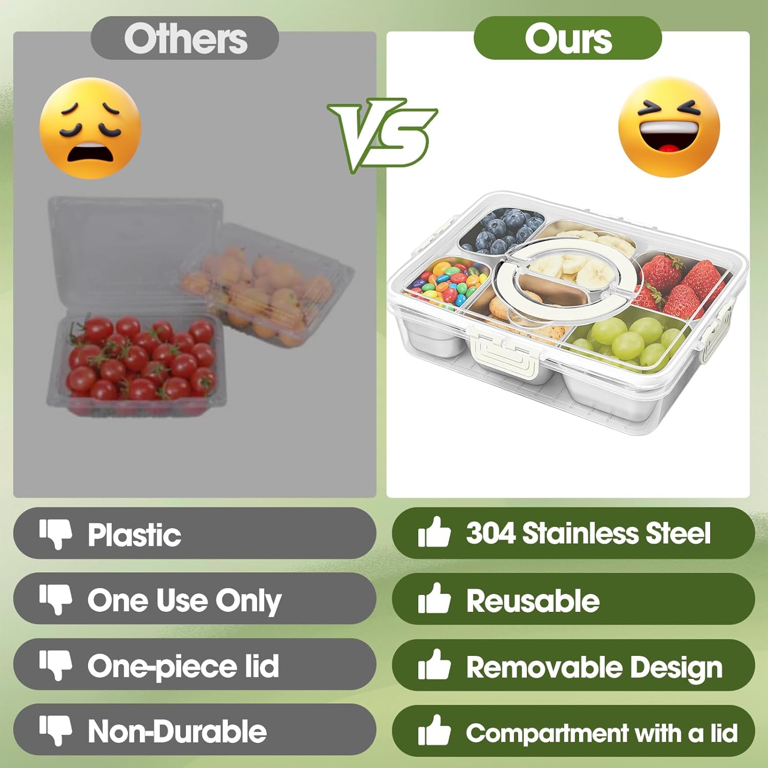 WanshengLe 6 in 1 Stainless Steel Snackle Box with Lids and Handle, Dishwasher Safe 6 Compartment Divided Reusable Snacklebox, Storage Snack Box for Snacks Fruit Nuts