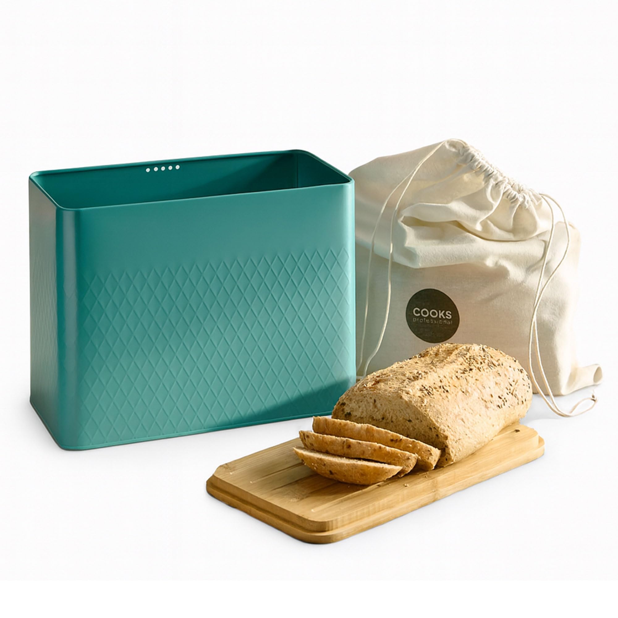Cooks Professional Bread Bin - Teal Diamond Pattern - Steel, Bamboo Lid