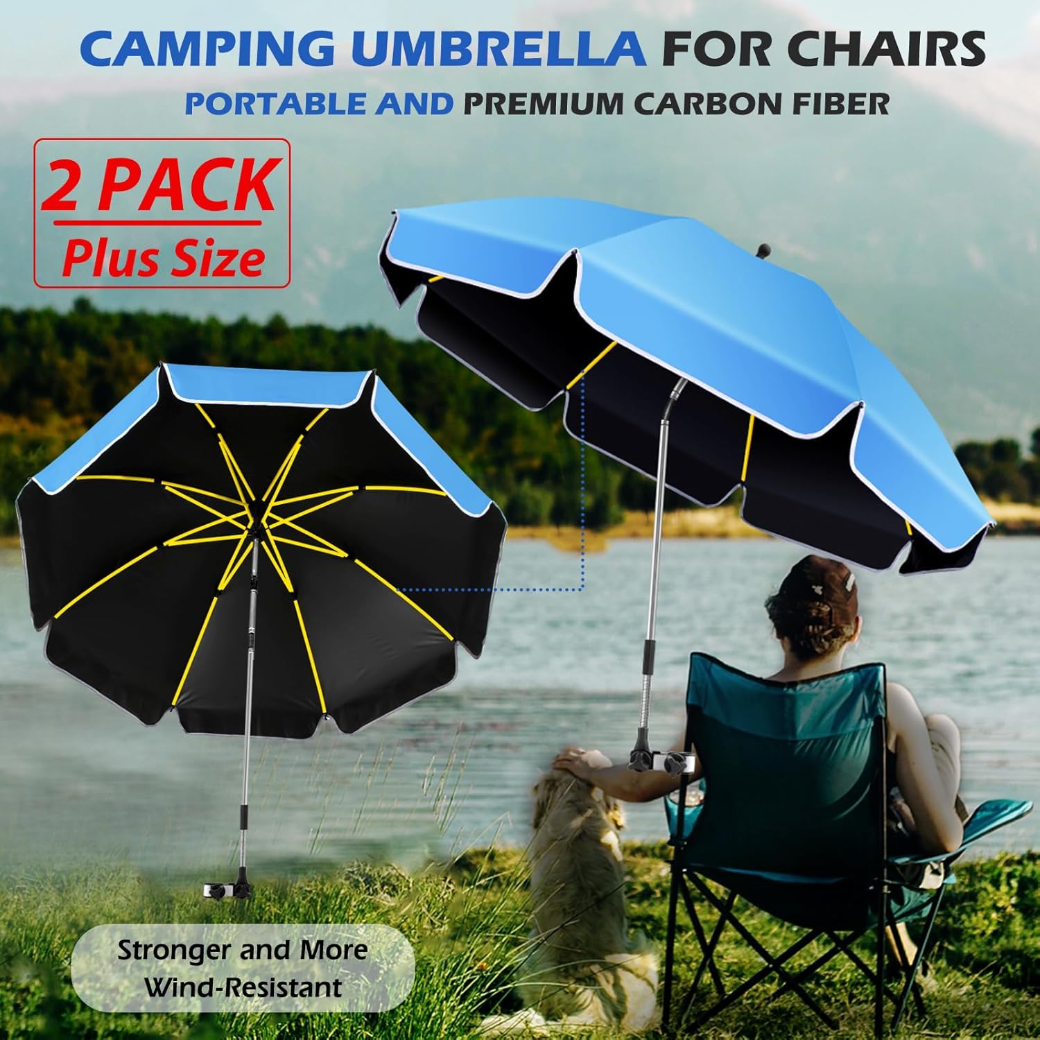 Umbrella 360°Adjustable Protection Stroller, 2 PACK 48.8" beach chair umbrella with clamp, high UV protection. 3 Adjustable areas 180°+360° for fishing, golf, beach, camping (chair not included) - Image 3