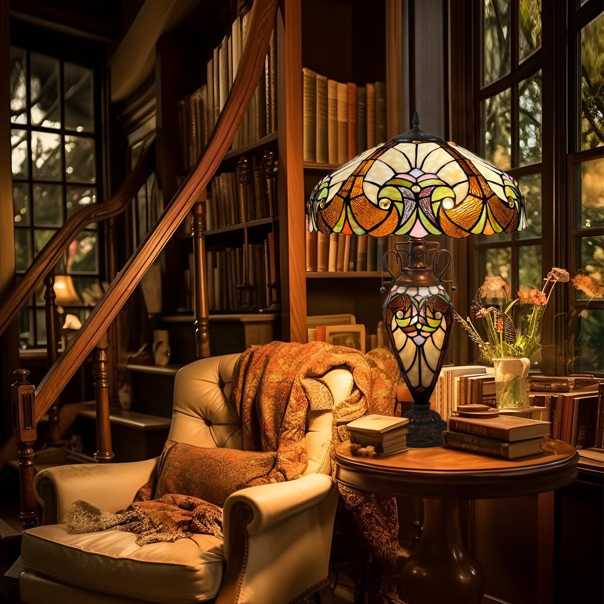 Tiffany Table Lamp Night Light 16" Wide Handmade Stained Glass Lamp Shade 3 Light Amber Cream Victorian Style Vintage Table Lamp for Home and Office