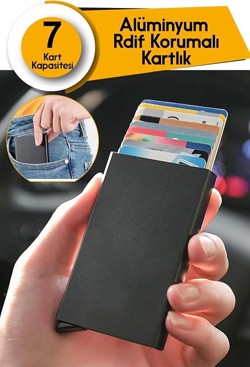 Otomatik Mekanizmalı Alüminyum Kredi Kartlık RFID Koruma Siyah