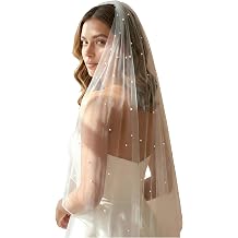 JEWSUN Pearls Bridal Veil Wedding Veil 1 Tier with Tulle-Wrapped Metal Comb Pencil Edge