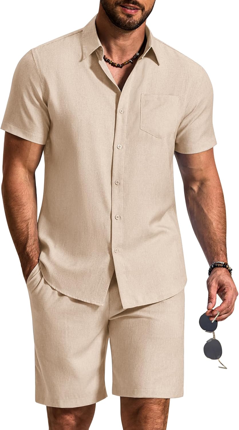 COOFANDY 2 Piece Set for Men Cruise Outfits Set Mens Summer Vacation Outfit Short Sleeve Button Down Shirts