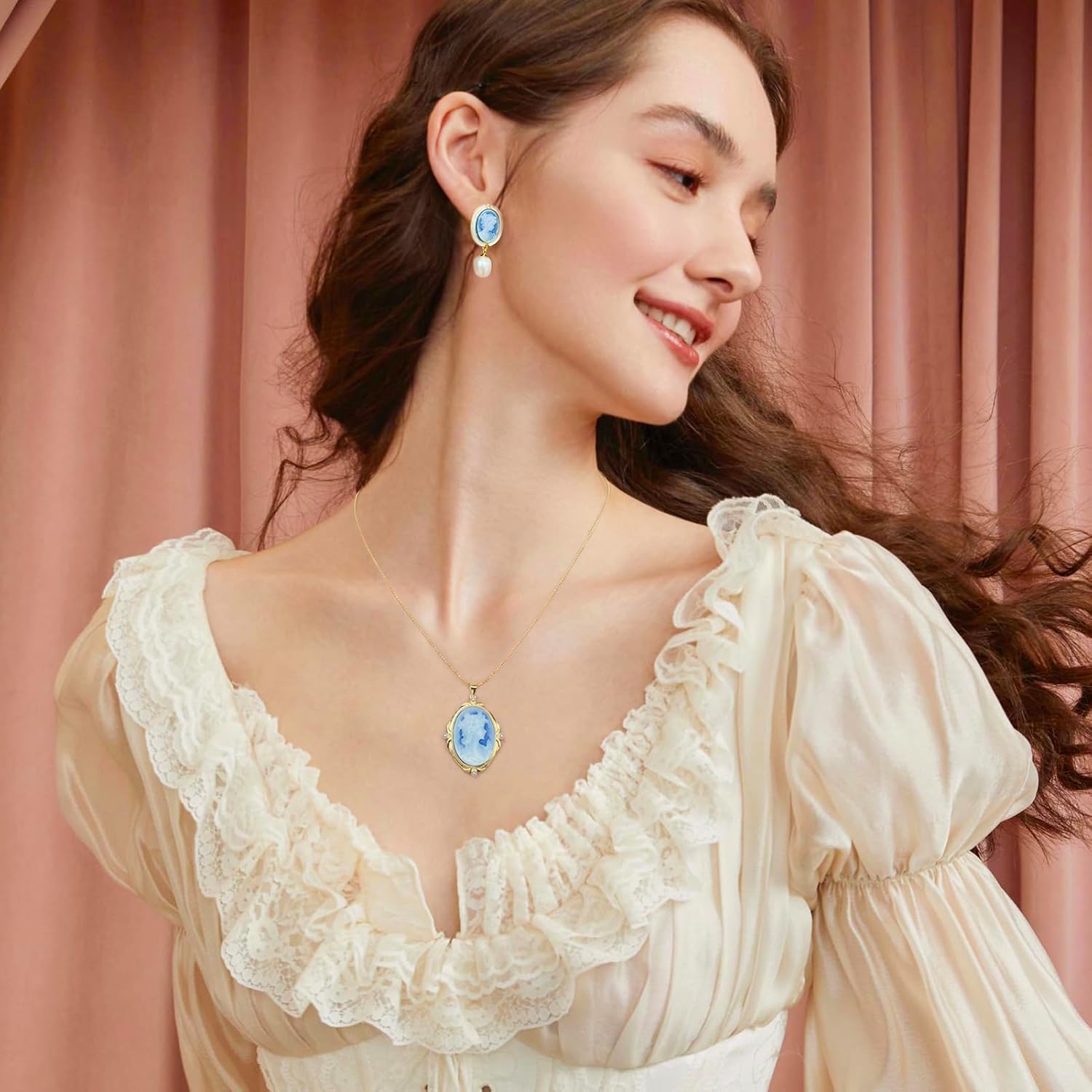 Cameo Earrings in Shell Frame, Vintage Jewelry 925 Sterling Silver Gold Pearl Cameo Stud Drop Earrings for Women