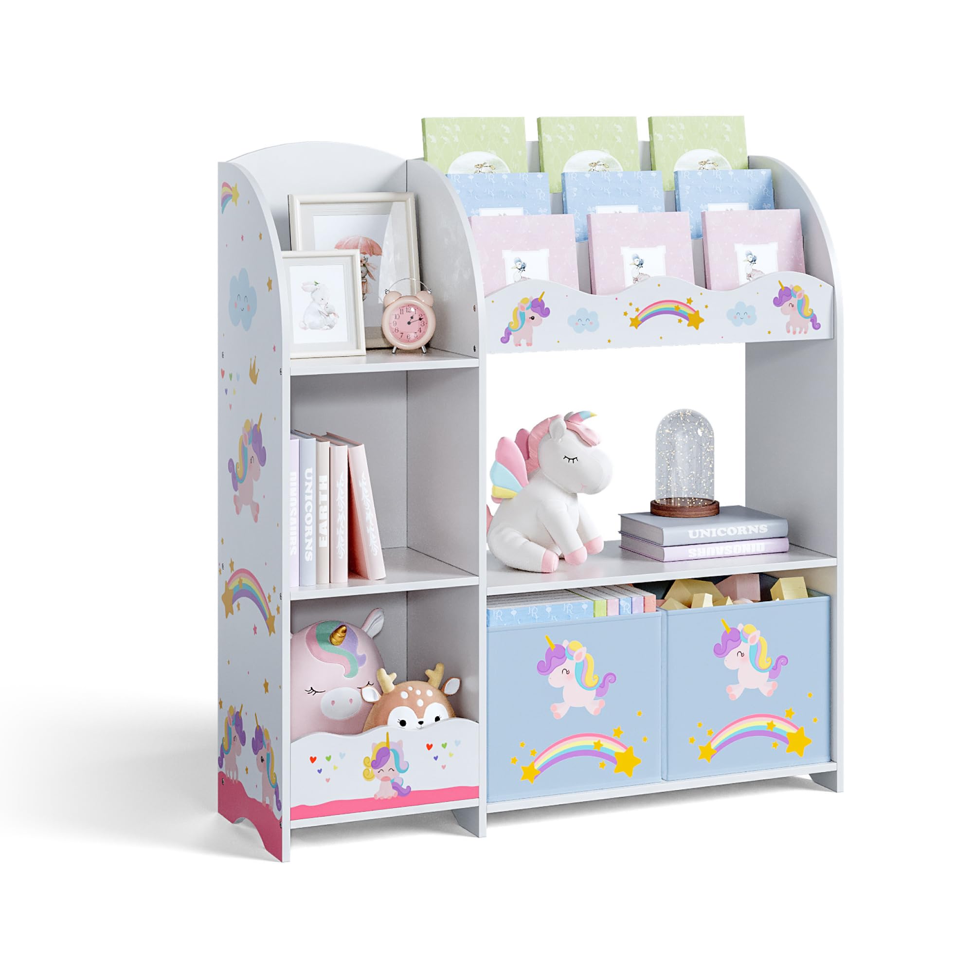 [en.casa] Scaffale per Cameretta con Ripiani 2 Scatole Porta Giochi Contenitori a Scaletta per Bambini Mobile Organizzatore a Misura di Bimbi - Design a Unicorno