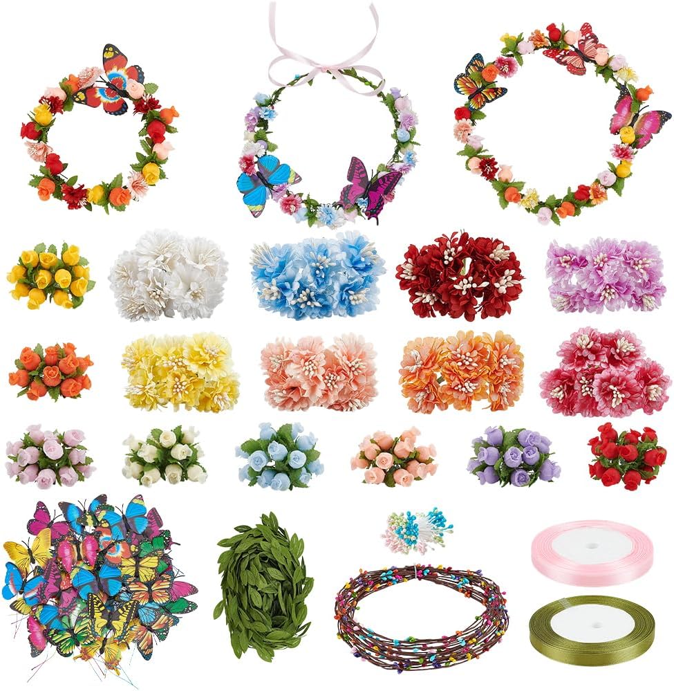 OLYCRAFT 32 Set Flower Crowns Making Kit 259Pcs DIY Flower Crowns Making Kit Make Your Own Flowers Crown Kits Blooming Rose Headband Makings Kits for Women Birthday Party Arts Festival Decorations