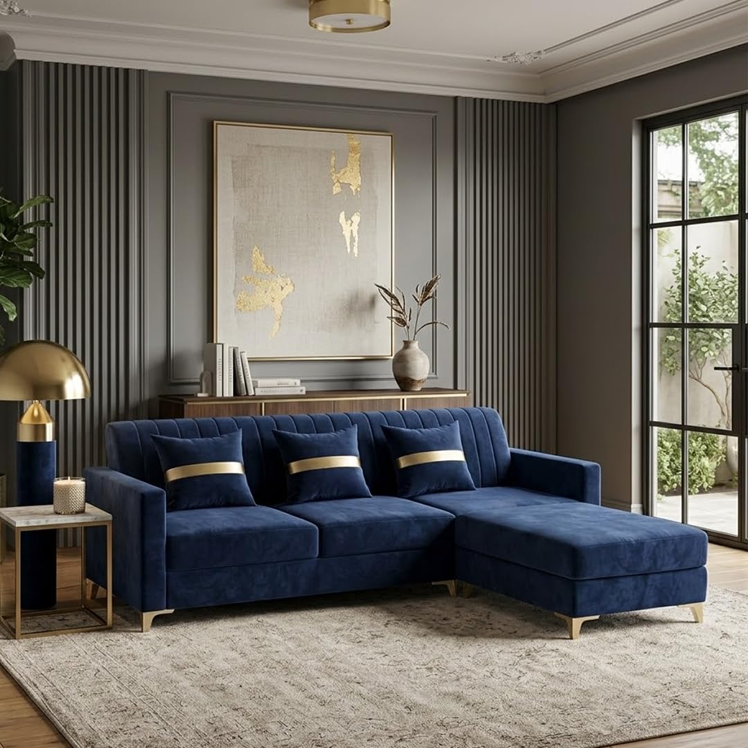 CASASTYLE Groovy 4 Seater L Shape Sofa Set with Movable Ottoman | Flexible Left or Right Layout | Cozy Velvet Fabric | Soft Touch Seating | Modern Designer Sofa for Living Room (Dark Blue)