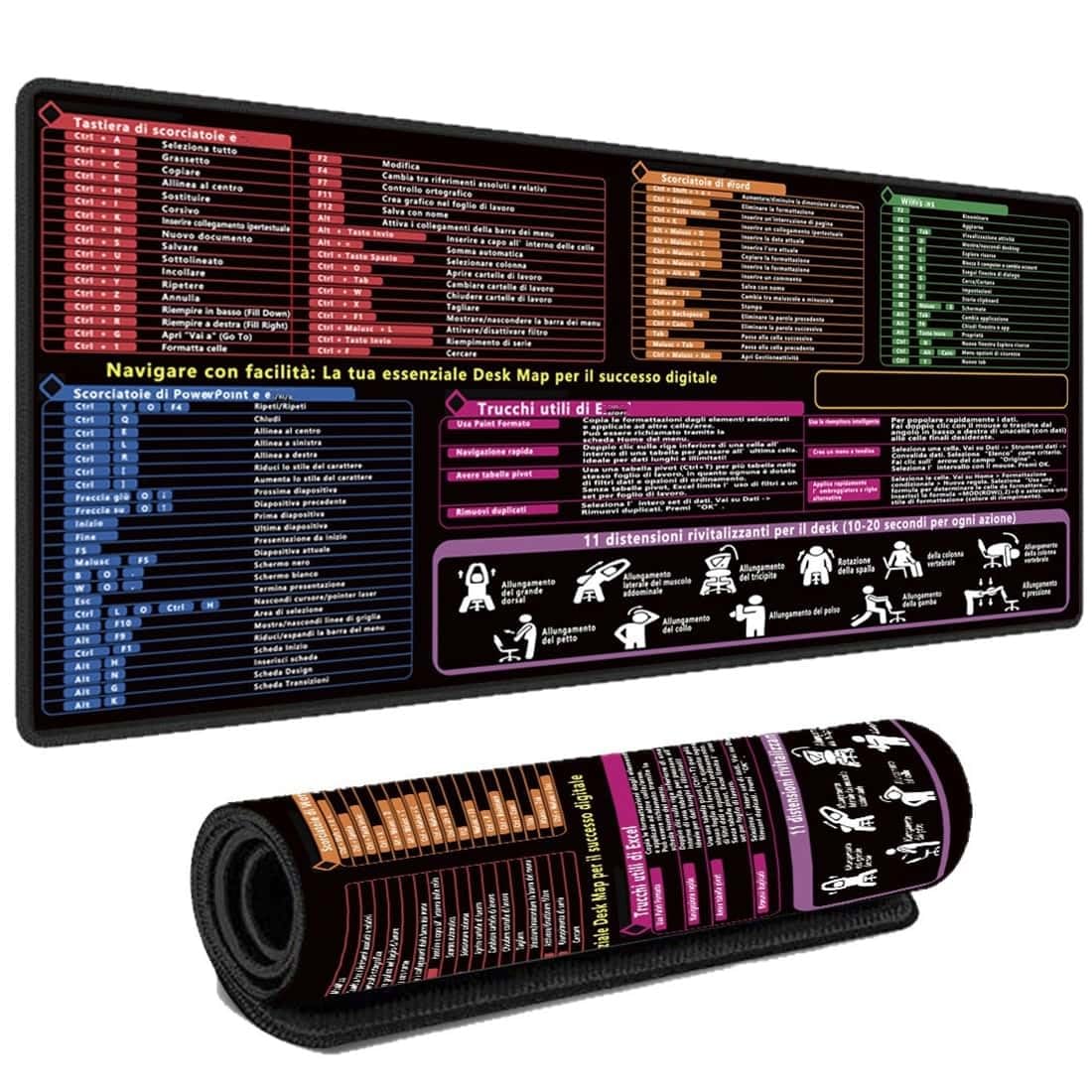 Tappetino Mouse XXL con Scorciatoie Excel in Italiano - Scrivania Ufficio con Comandi Word PPT Windows + 11 Consigli Relax - 40x90cm