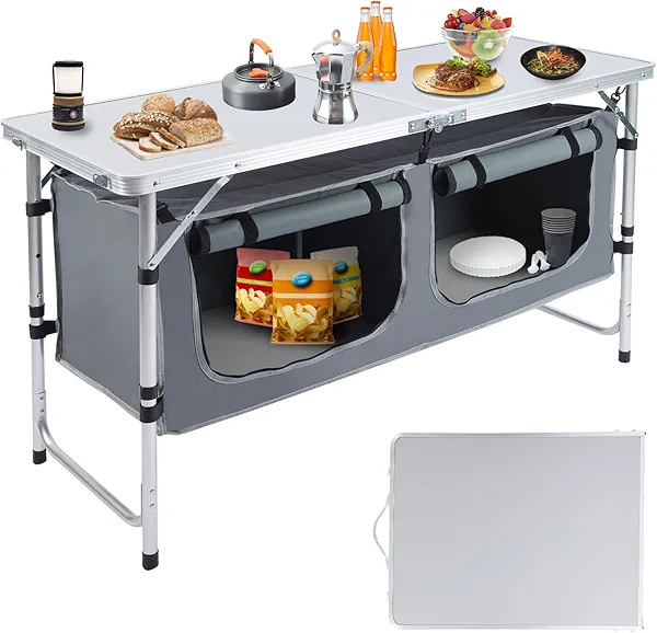 Pnbfhn Outdoor Folding Camping Table with Storage Organizer, Portable Aluminum Composite Panel Lightweight Table, 3 Adjustable Height, for Indoor, BBQ, Party, Picnic, Hiking, Beach