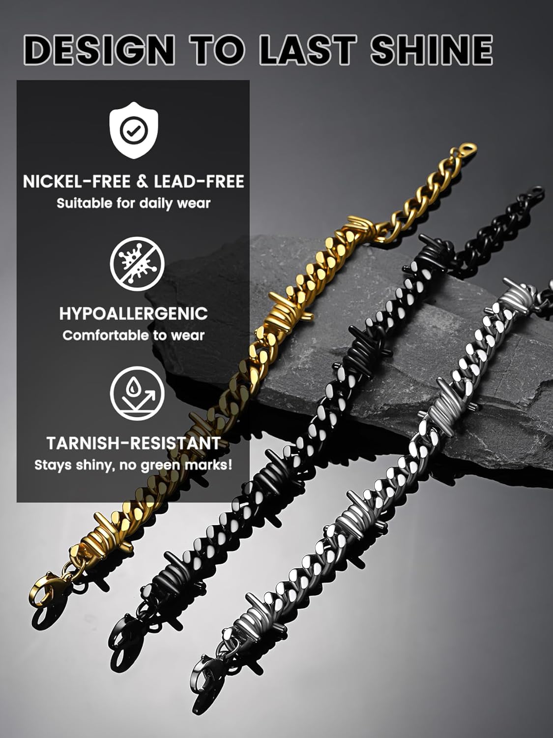 Bestyle Barbed Wire Bracelets 7/9mm Thick Heavy Men Hand Chain Unisex Stainless Steel/Gold/Black Cuban Chain Bracelet Punk Gothic Bracelets for Men Women - Image 9