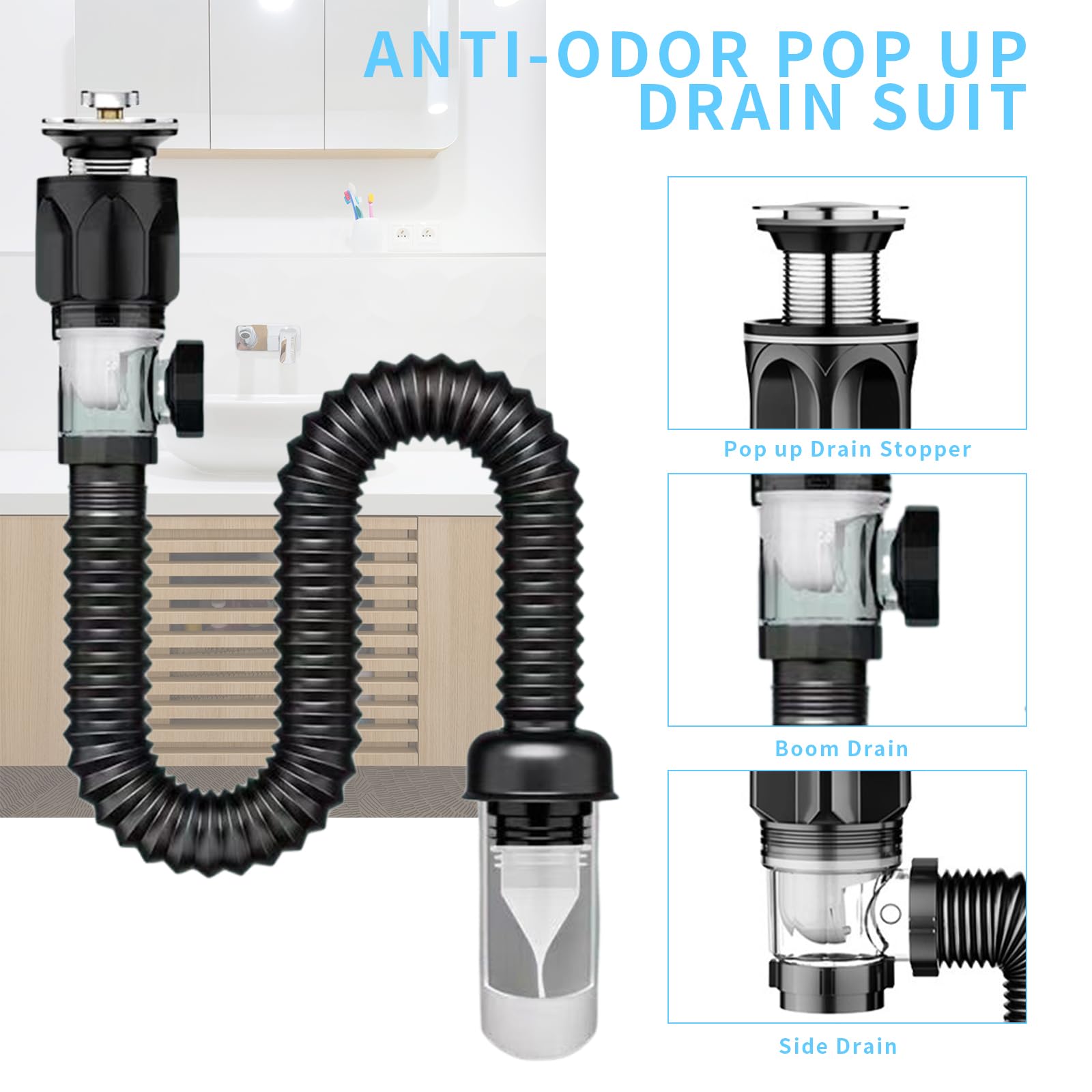 Sifón De Fregadero Ajustable 1 1/4" - Tubo Flexible Ahorra Espacio, Con Tapón Anti-olores