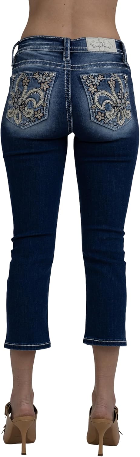 Miss Me Women's Floral Fleur de Lis Embellished Mid-Rise Capri Jeans