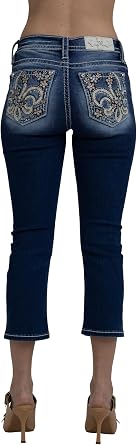 Miss Me Womens Floral Fleur de Lis Embellished Mid-Rise Capri Jeans