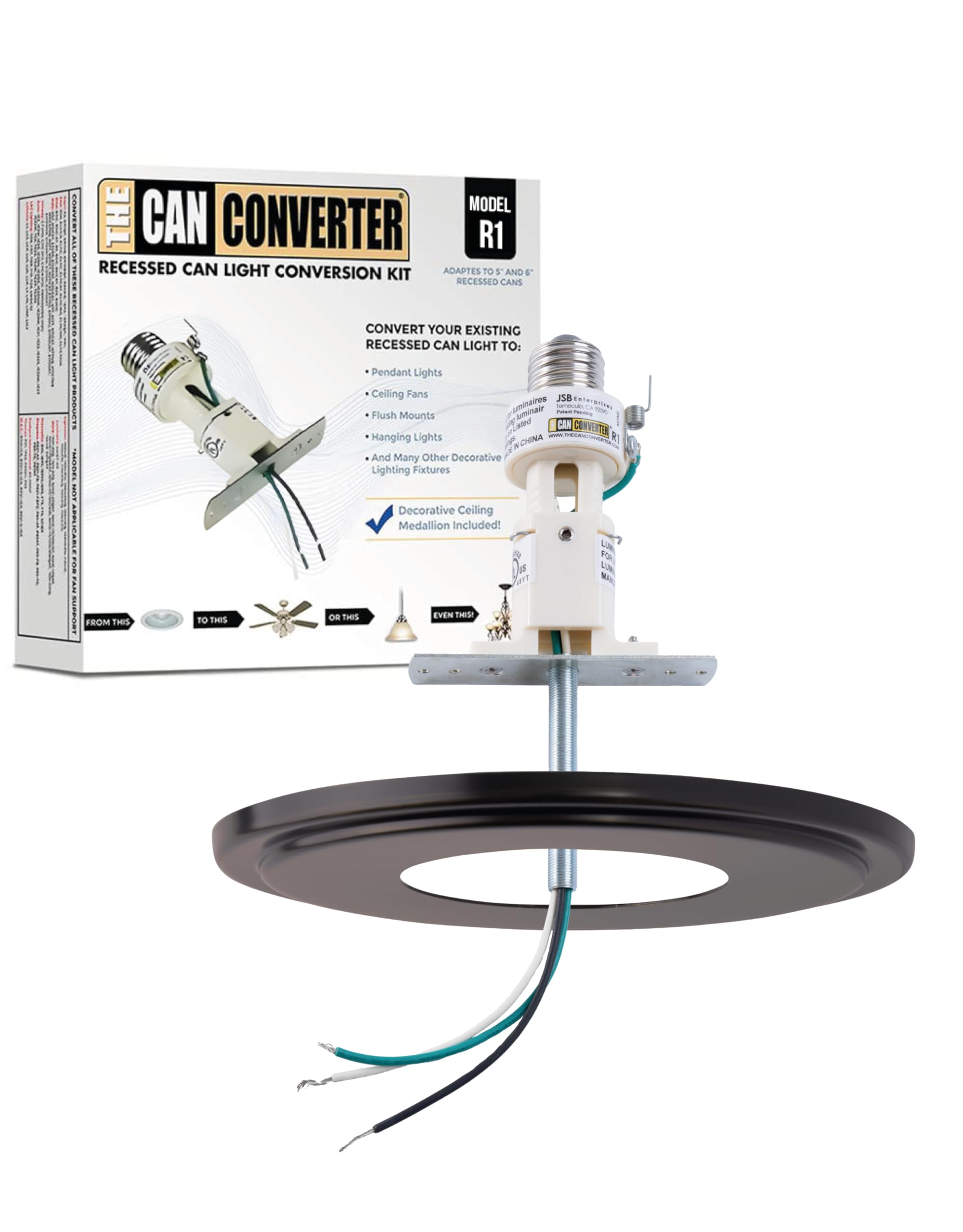 The Can Converter R1 Recessed Can Light Conversion Kit w/ 8¼" Beveled Ceiling Medallion - Home Improvement for 4", 5" &amp; 6" Cans, Fan &amp; Light Fixture Converter Kit, UL Certified, Oil Rubbed Bronze