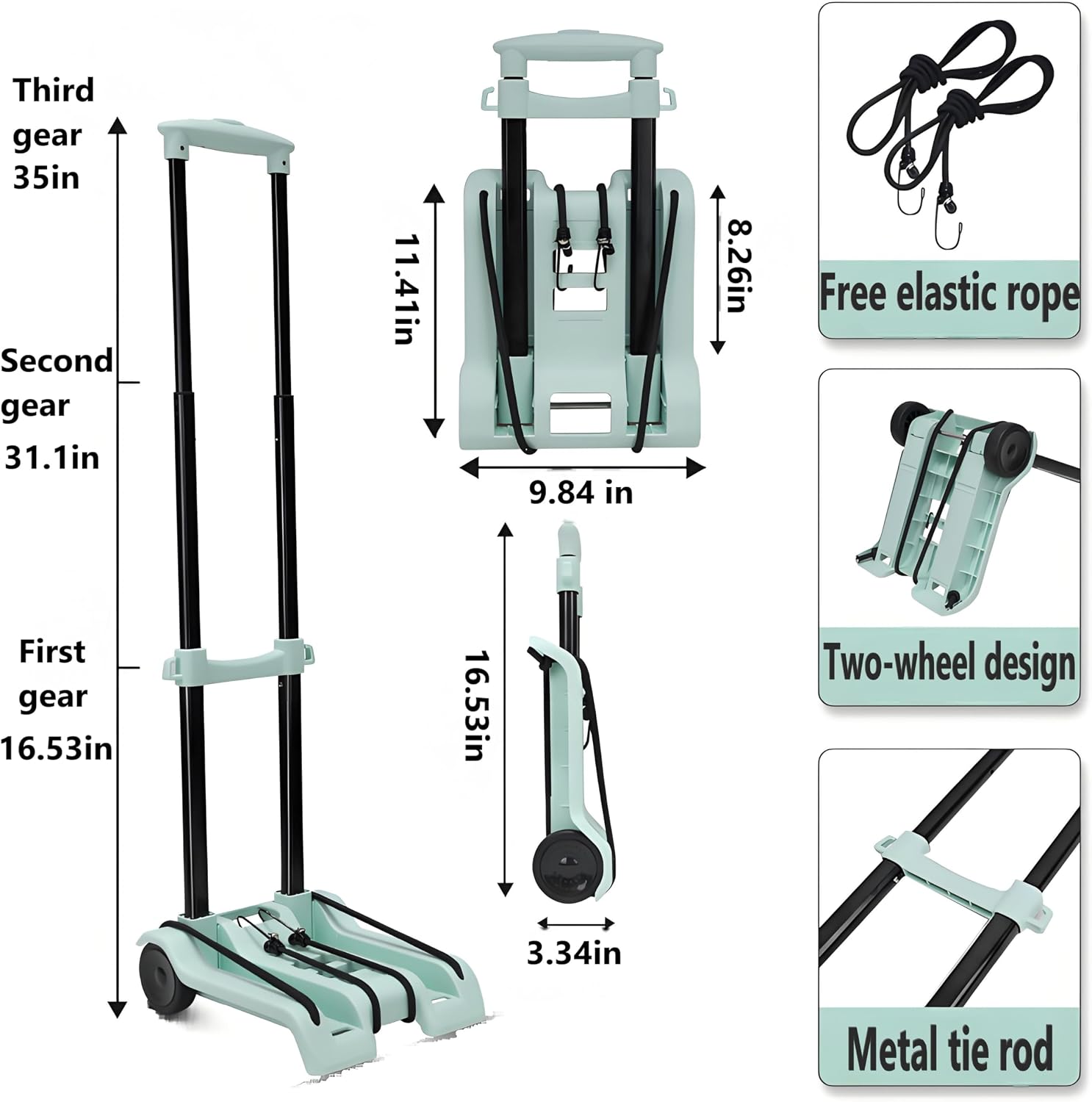 88 lbs Folding Trolley, Portable Folding Trolley, Practical and Lightweight Trolley with 2 Wheels, 1 Bungee Cord and 1 Shopping Bag, Suitable for Shopping, Traveling, Moving, Office use