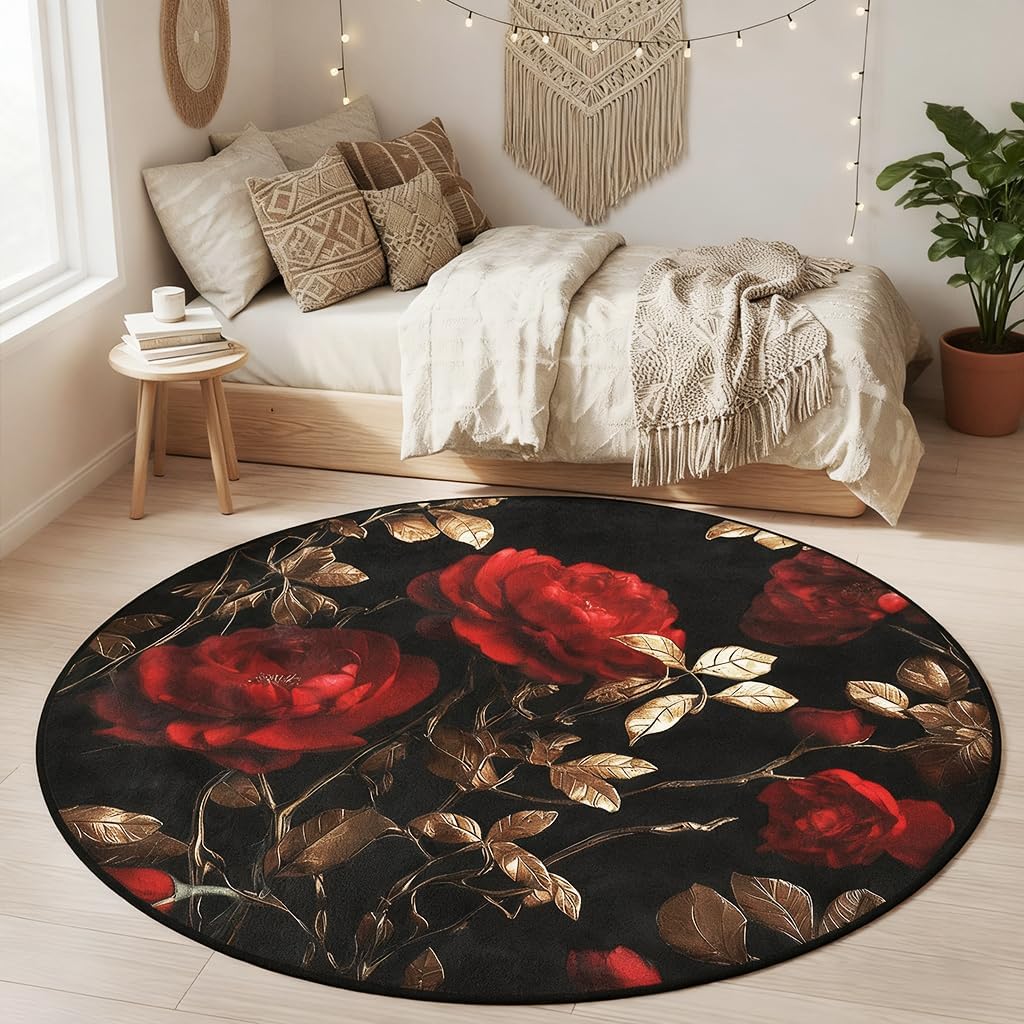 CCoutueChen Black Floral Round Rug, 4x4 Vintage Red Roses Circle Rugs for Living Room Soft Dining Room Carpet for Under Table, Machine Washable Bedroom Mat Non Slip Carpet for Office Kitchen Entrance
