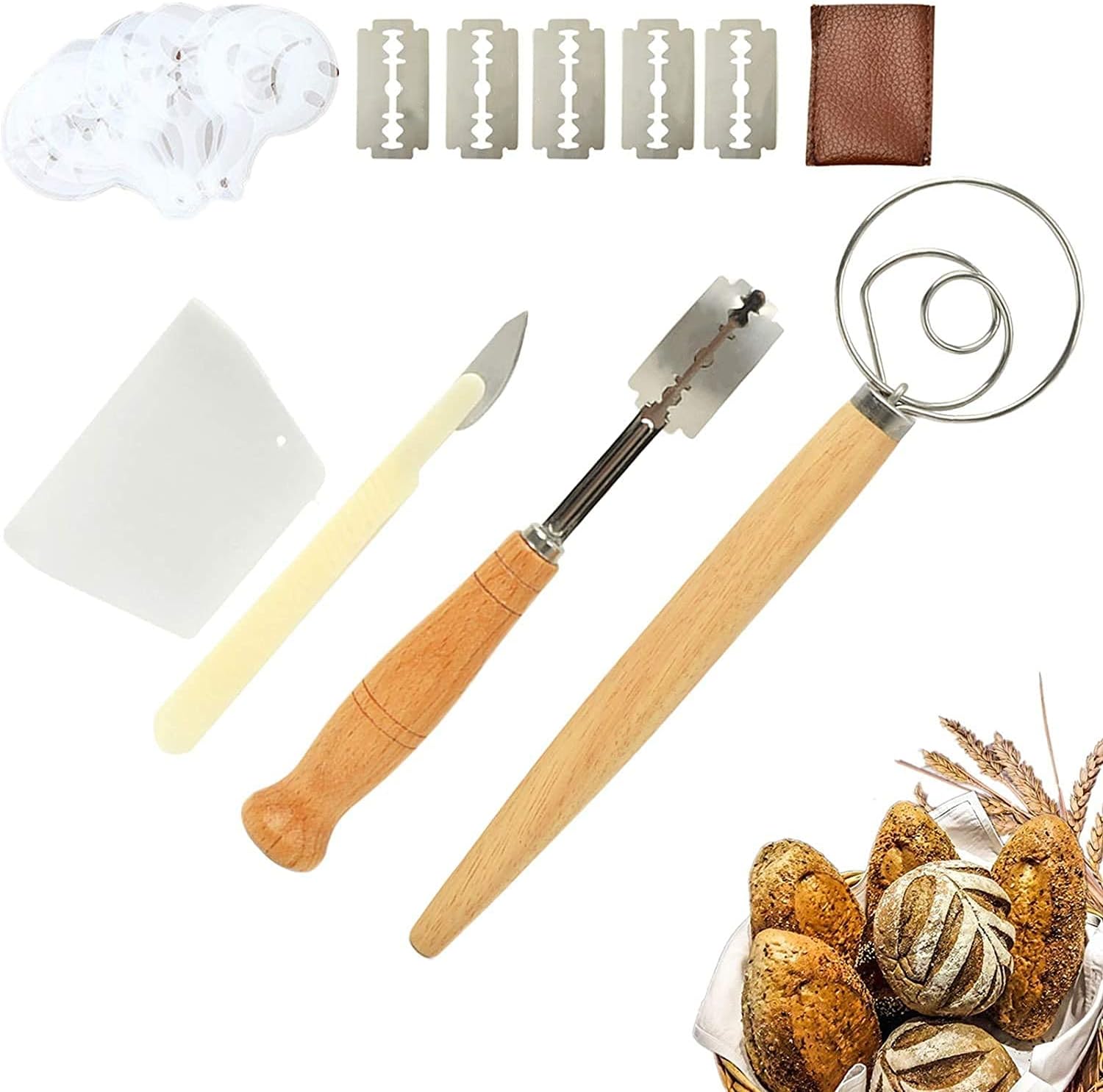 Sharp & Durable Bread Lame and Danish Whisk Set for Scoring Sourdough Bread,Include Hand Crafted Lame Bread Slashing Tool with 5 Blades and Leather Cover,Dough Scraper etc,for Home Bakers Bread Making