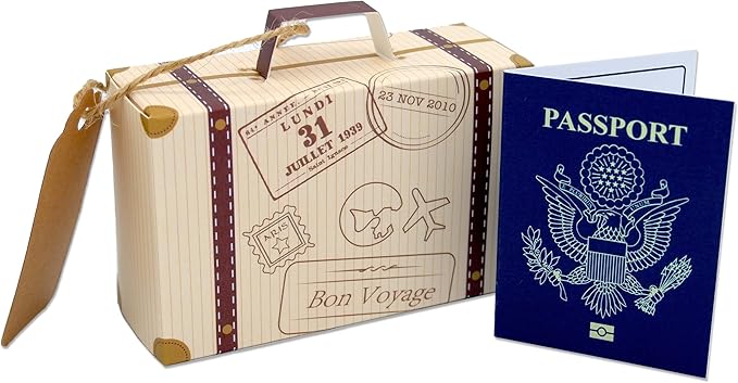 DIY Surprise Mini Suitcase & Mini Gold foil Pretend USA Passport Reveal Gift bundle (DIY). Perfect for Valentines, vacations, birthday, family trips away!