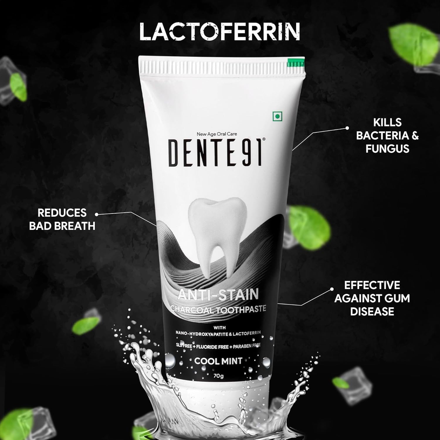 Den.te91 toothpaste tube highlighting Lactoferrin benefits