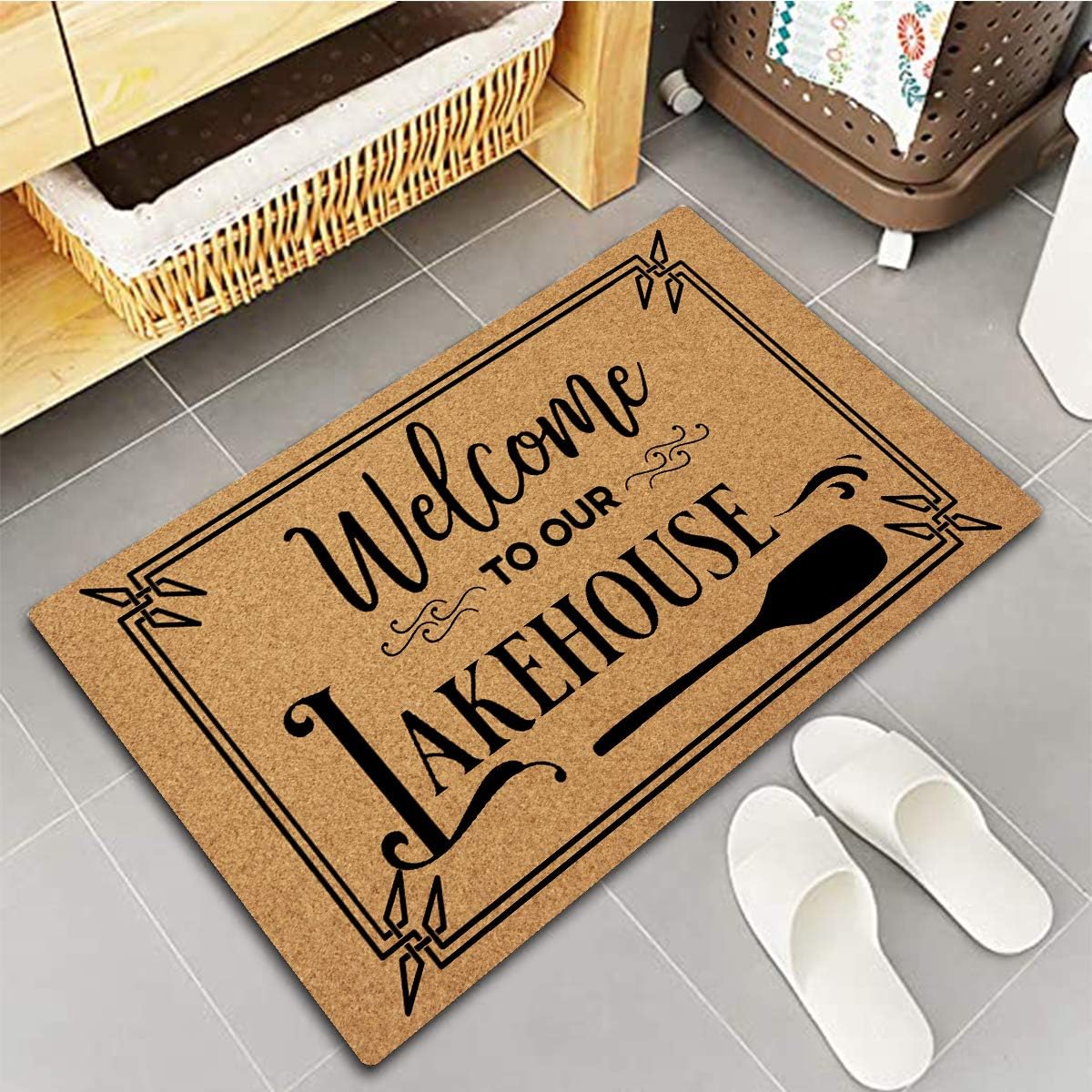 Funny Welcome Doormat Hello Door Mats Welcome To Our Lakehouse Area Rugs Anti-Slip Rubber Doormats Front Porch Decor Rugs Non-slip Personalized Mat For Entrance Way Kitchen Area Rugs(15.9"x 23.7")