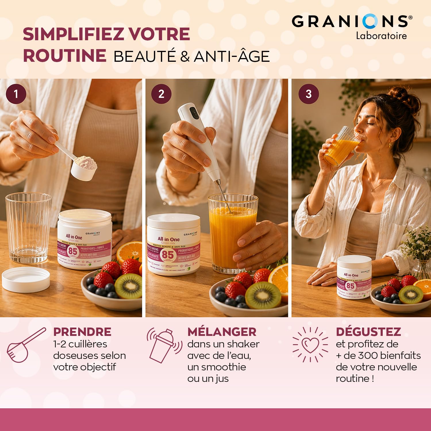 GRANIONS ALL-IN-ONE GREEN MIX BEAUTÉ & ANTI AGE - Collagene Marin - Acide Hyaluronique - Zinc - Biotine - Collagène - Peau, Hydratation & Digestion - Cure 20 à 40j