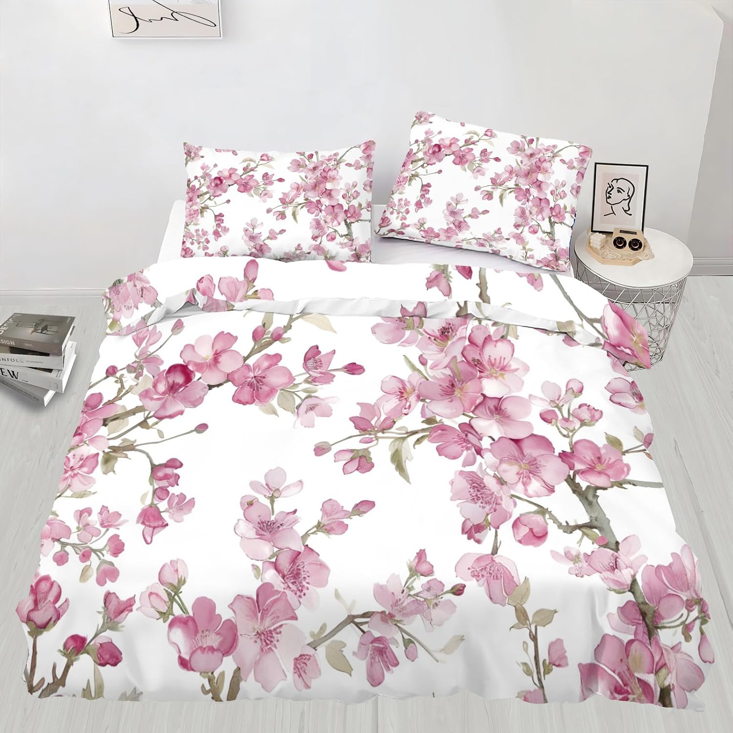 Cherry Blossoms Duvet Cover, Pink Florals Bedding Set Cover for Kids Boys Girls Teens, White Duvet Cover with Zipper Closure and 2 Pillow Shams, Twin Size 68"x90"