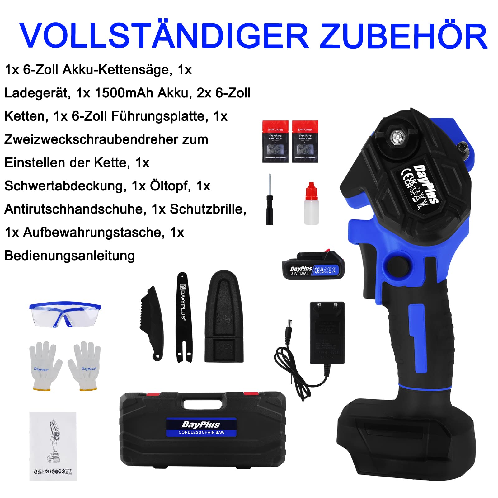motosega a batteria, motosega elettrica, senza spazzole, mini motosega con batteria da 1500 mAh e caricabatterie, motosega da 6 pollici, sega elettrica per legno, uso portatile da giardino