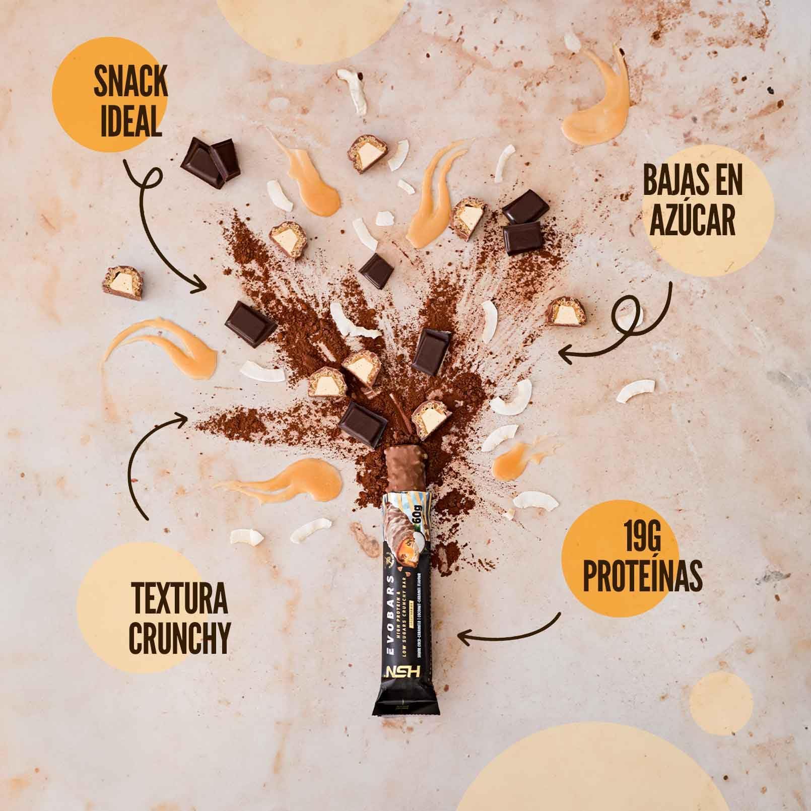 HSN Evobars Barritas de Proteínas 19g Proteína | Coco Caramelo - Pack 12x60g | Bajas en Azúcar y Sin Aceite de Palma | Snack Fitness Crujiente Alternativa a Batidos de Proteína