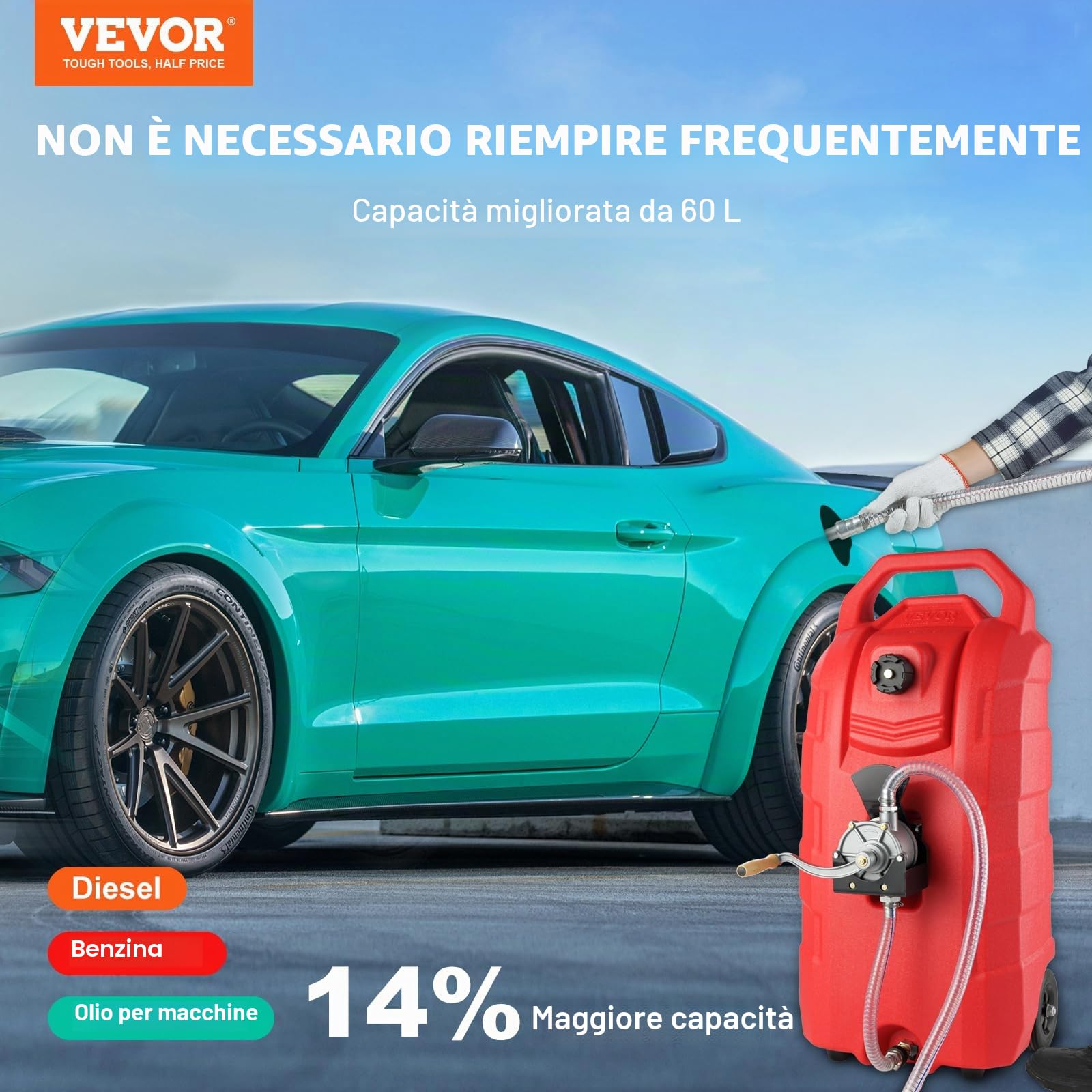 VEVOR Contenitore per Carburante 16 Galloni, 7,8 L/min, Contenitore per Serbatoio Portatile con Ruote in Gomma per Pompa Manuale Trasferimento Carburante per Benzina Diesel Auto Barca Tosaerba