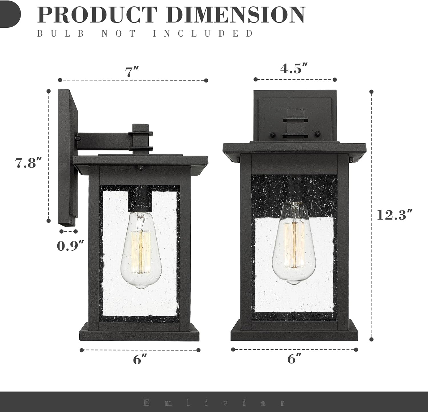 Emliviar Outdoor Wall Mount Lights 2 Pack, 1-Light Exterior Sconces Lantern in Black Finish with Clear Seeded Glass, OS-1803EW1-2PK