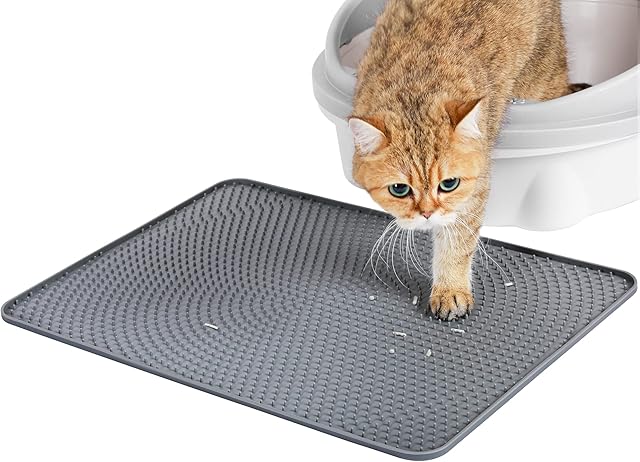 PETTOM Cat Litter Mat(53x38cm), Cat Litter Box Mat Scatter Control, Litter Tray Mat Waterproof Urine Proof Material Kitten Litter Mat-Grey
