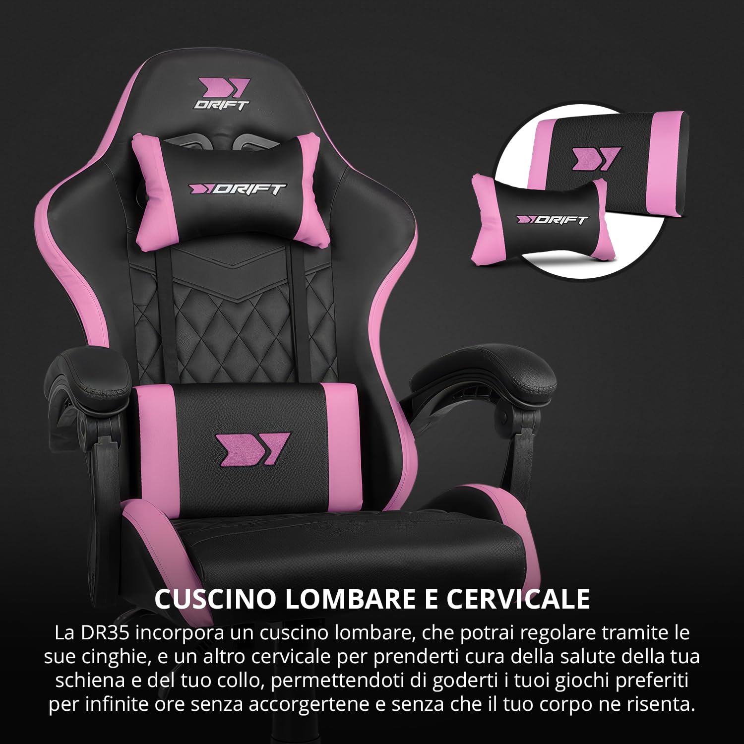 DRIFT GAMING DR35 – Sedia Gaming Ergonomica Professionale con Braccioli 2D Regolabili, Supporto Lombare e Cervicale, Reclinabile a 135°, Rivestimento in Pelle Sintetica, Ruote Silenziose, Nero-Rosa