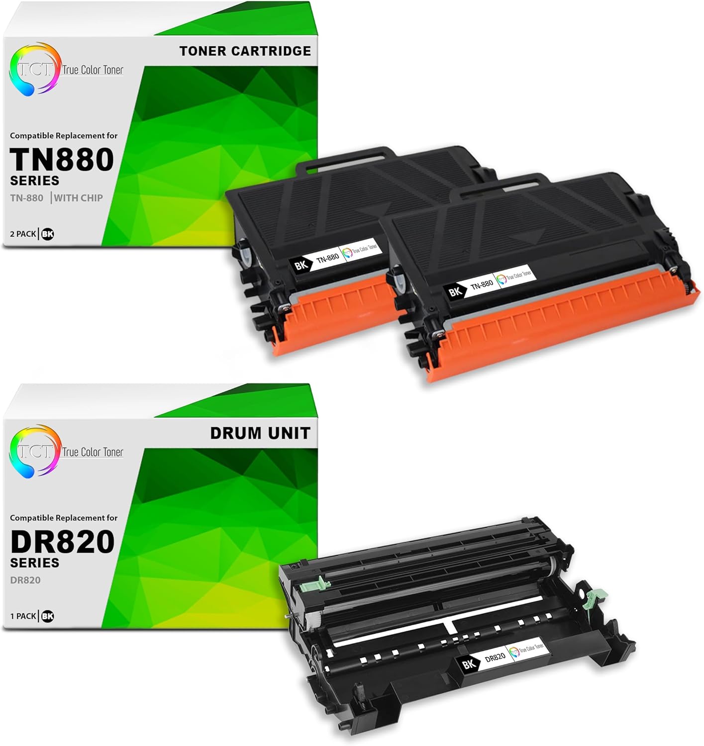 TCT Compatible Brother TN880 Toner Cartridge 2 Pack & DR820 Drum Unit - Black Toner for HL-L6200DW, L6300DW, L6400DWT, MFC-L6700DW, L6800DW - 3 Pack