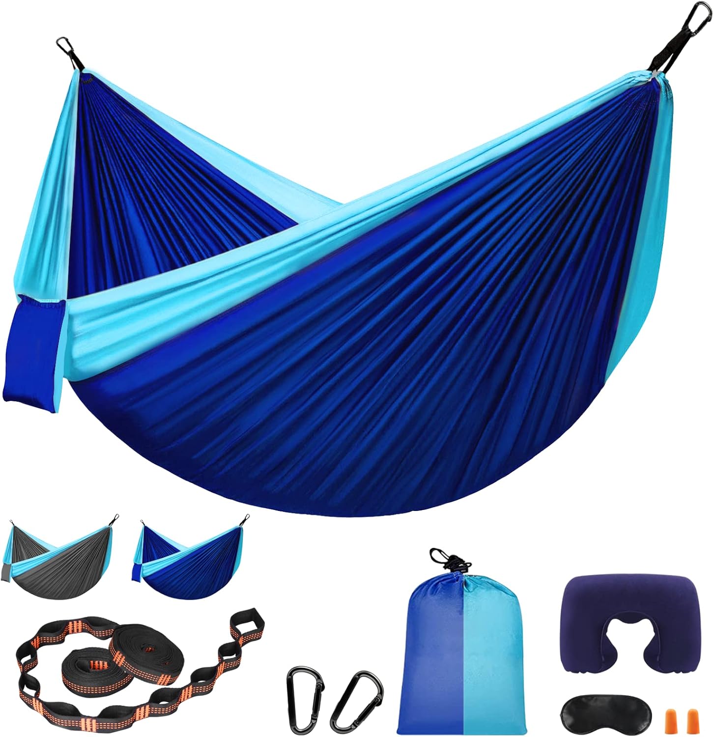 UEAKPIC Hammock Camping , Double Portable Hammocks with Tree Straps , Parachute Lightweight Nylon Hammock for Outdoor Travel Backpacking (Dark Blue / Blue ) : Patio, Lawn & Garden