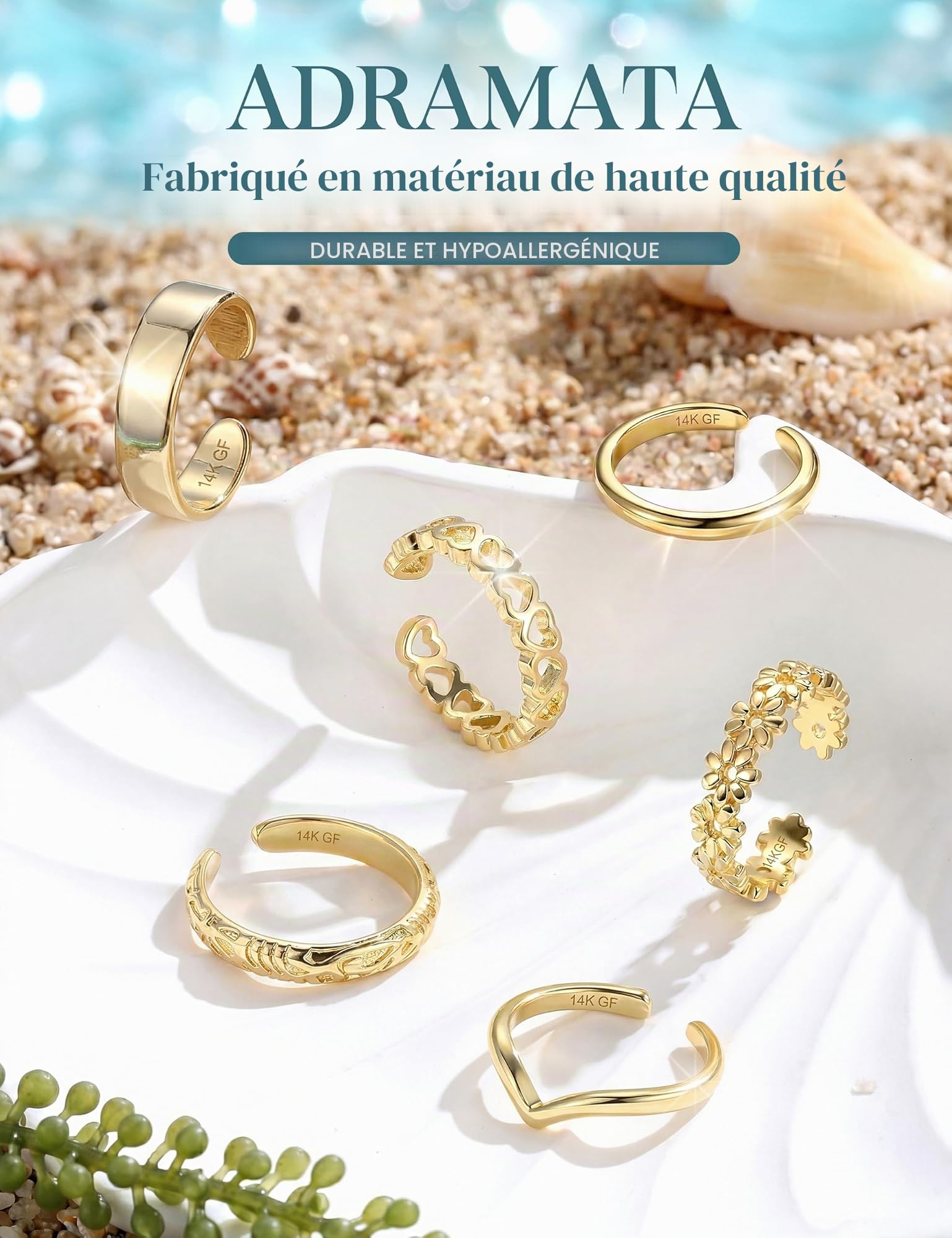 ADRAMARA 6PCS Bagues d’Orteil Femme, Bague de Pied Plaqué Or 14K, Bagues Ouvertes Ajustables avec Zircone CZ, Bijoux de Pied Non Ternissant pour Été Plage Argent/Or