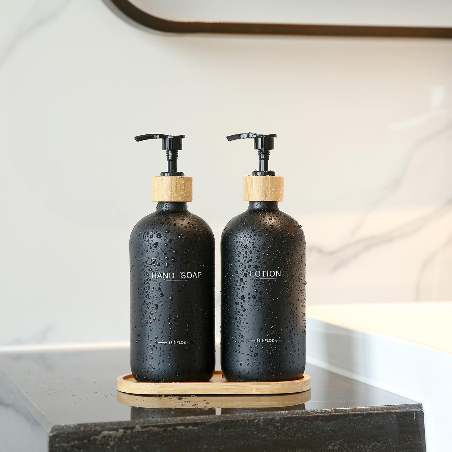 Black Soap Dispenser Bathroom Set, Bamboo Pumps & Tray, Hand Soap, and Lotion Dispenser Set Suitable for Bathroom Counter Decor. (Black)