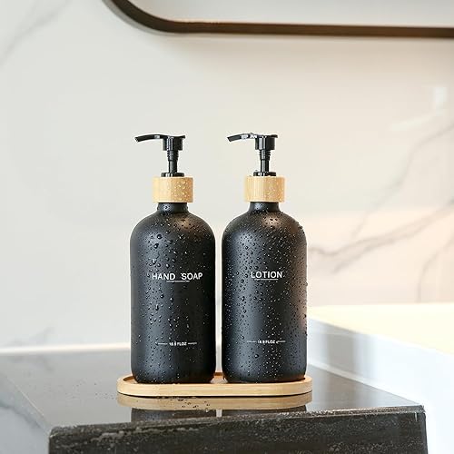 Miniatura 2 de Juego de dispensador de jabón negro, bombas y bandeja de bambú, jabón de manos y dispensador de loción, adecuado para decoración de mostrador de