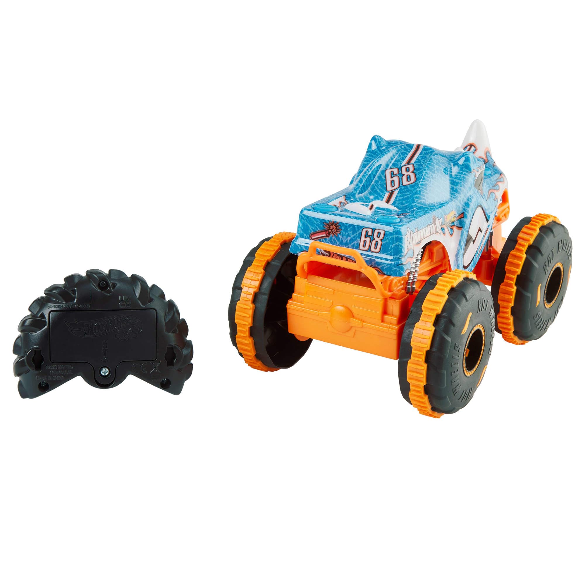 Hot Wheels Monster Trucks - Rhinomite R/C, camion radiocomandato in scala 1:24, con pneumatici Grip Action adatti a tutti i tipi di terreno e portata di 30 metri, 4+ anni, JBK11