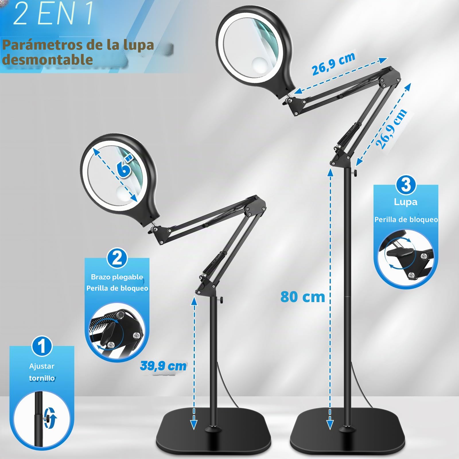 NZQXJXZ 30X 10X Lupa con Luz y Soporte, 2 en 1 Lámpara de Aumento de Piso | con 36 LED de Brillo Ajustable, 3 Modos de Color, Lupa Iluminada para Trabajos de Cerca, Costura, Manualidades, Pasatiempos