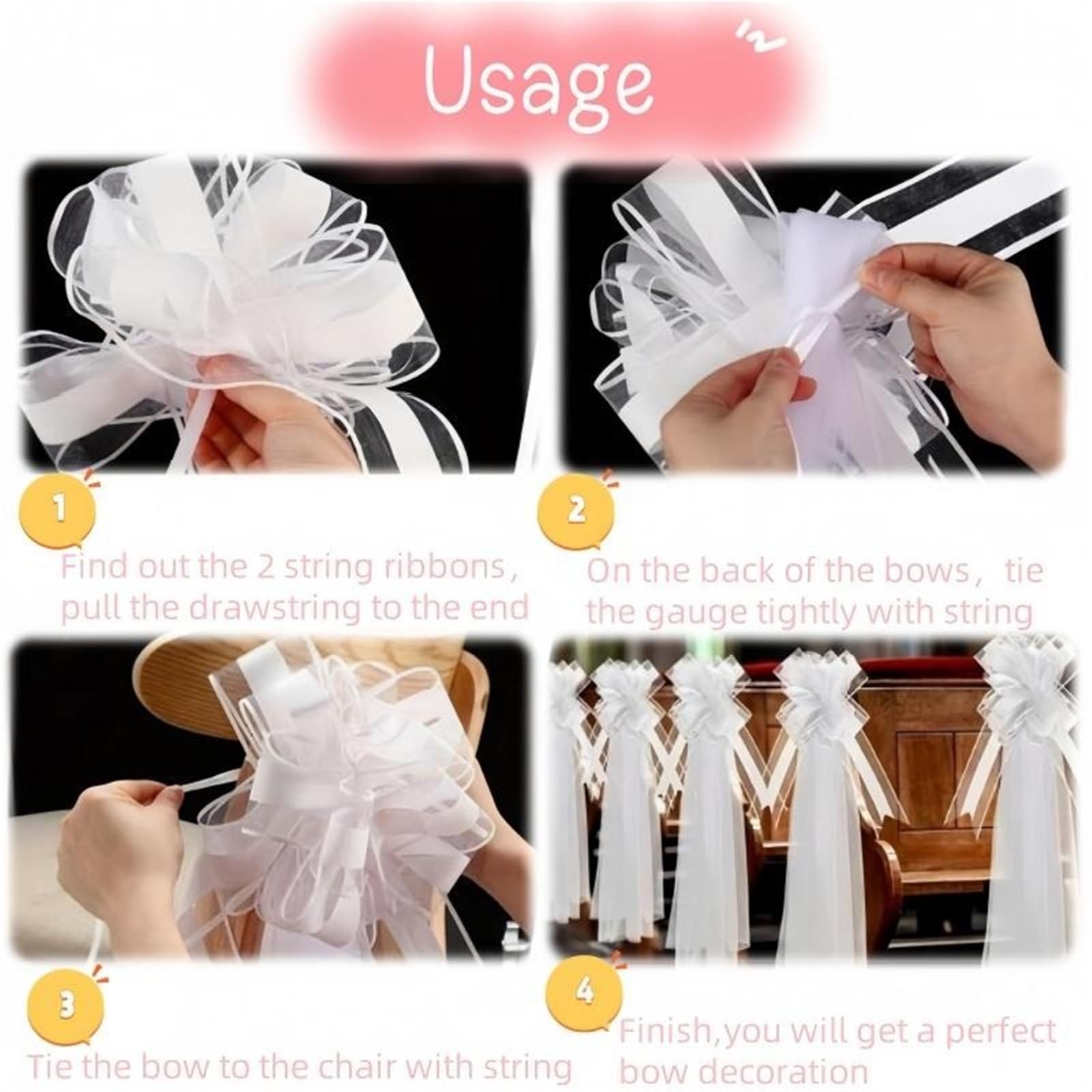 12–1 weiße Hochzeitsschleifen | Mit langen Tüllschwänzen for Hochzeit, Kirchenbank, Stuhl, Gang, Dekoration